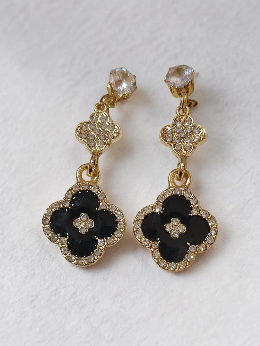 New Gold Tone Black Clover Drop Earrings with Crystal Accents